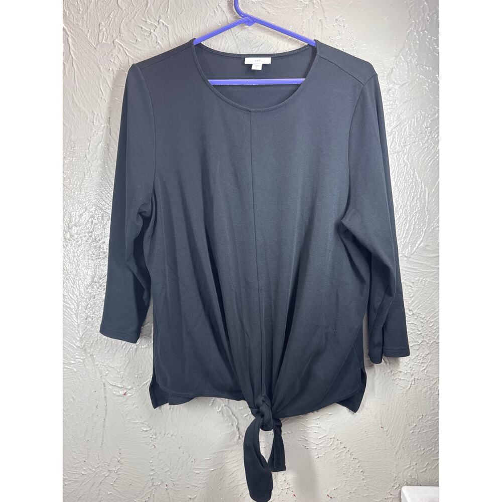 J Jill Top Womens Black Front‎ Tie 3/4 Sleeve Stretch Knit Pullover Casual Large